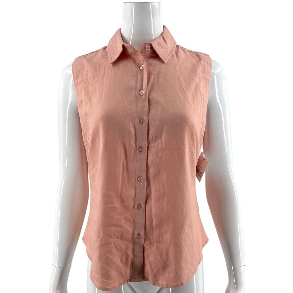 Ophelia Roe Top Sz Medium Peach Pink Sleeveless Button Up Shirt Linen Blend NEW